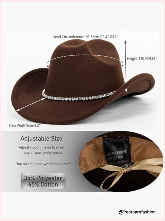 Rhinestone Cowgirl Hat, Rolled Wide Brim Western Felt Fedora Disco Cowboy main image 5